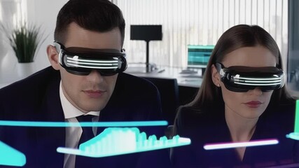 Poster - Businesspeople wearing futuristic augmented reality glasses are analyzing holographic stock market charts and graphs, working together in a modern office