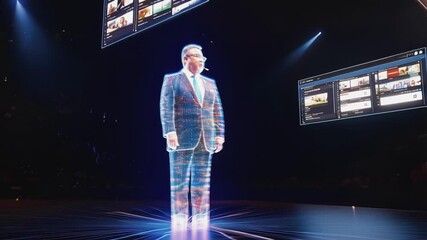 Fototapete - Hologram of a businessman wearing suit and tie giving a presentation, with futuristic holographic screens floating around him on a dark stage