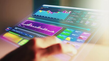 Fototapete - Businessman interacts with a futuristic transparent tablet, analyzing holographic financial charts and data, showcasing innovative technology in business analysis