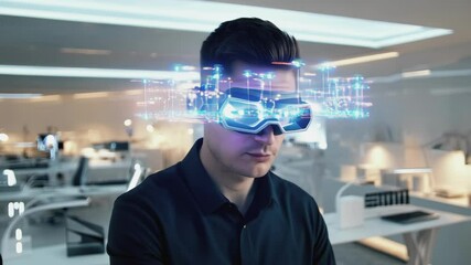 Aufkleber - Businessman wearing augmented reality glasses visualizing business hologram while standing in contemporary workspace, representing technological innovation and digital transformation