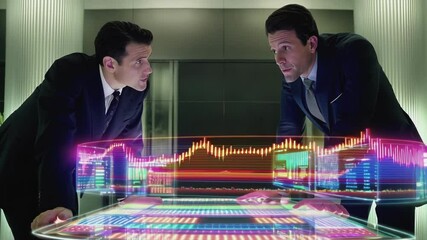 Poster - Corporate professionals collaborating in high tech workspace, analyzing holographic financial data visualization representing cutting edge business technology and strategic planning