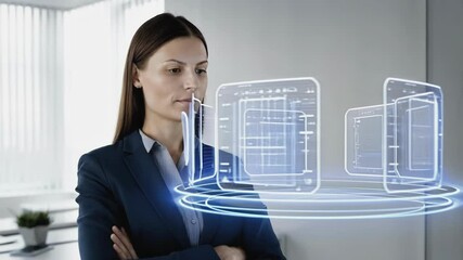 Fototapete - Professional businesswoman wearing tailored suit interacting with rotating holographic business data interface, revealing innovative digital analytics in contemporary bright office workspace