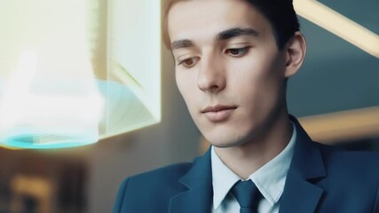 Fototapete - Young businessman in suit is working on tablet with futuristic hologram interface, analyzing data and developing innovative business solutions in modern office environment