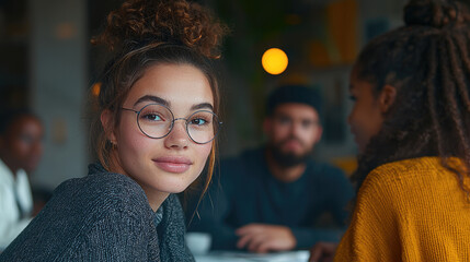 Aufkleber - In office environment with diverse but mostly employees engaging in meaningful conversations. Some are discussing ideas in a meeting.