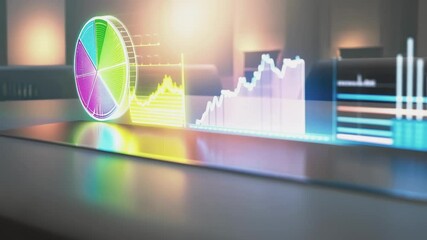 Poster - Holographic projections showcase vibrant business data and analytics with pie charts, bar graphs, and line graphs in an advanced digital setting