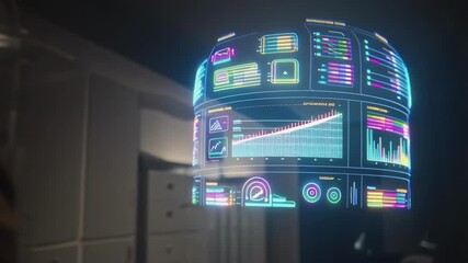 Poster - Businessman interacts with futuristic holographic interface displaying financial charts and data, navigating complex information with hand gestures in a technological office environment