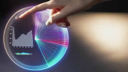 Fototapete - Professional businesswoman navigating holographic financial chart, manually interacting with futuristic digital interface displaying data visualization and market analytics