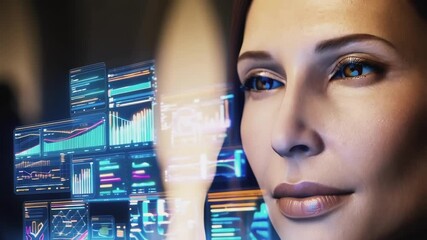 Fototapete - Professional businesswoman analyzing advanced holographic financial charts, representing innovative data visualization in corporate technology setting