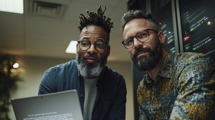 Poster - A bearded IT specialist, donning glasses, and his black male engineer colleague converse while working together in a data center, utilizing a laptop computer and positioned near server racks to run
