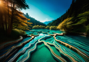 Poster - A breathtaking landscape shows turquoise terraced river flowing through lush forest under bright sunlight. The vibrant scenery offers a peaceful and serene natural view.