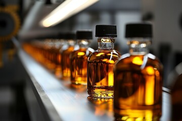 Poster - Industrial manufacturing production line featuring a conveyor belt with juice in glass bottles at a beverage plant or factory interior