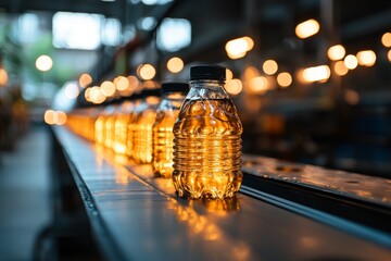 Poster - A beverage plant or factory interior features juice in glass bottles on a conveyor belt as part of its industrial manufacturing production line