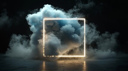 Aufkleber - A 3D rendering featuring an abstract, futuristic background that includes neon geometric shapes and stormy clouds set against a night sky, all framed within a rhombus shape with available copy space