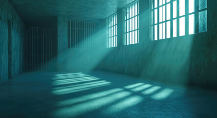 Aufkleber - A dimly lit prison cell, with cold, rough stone walls and sturdy iron bars casting long, eerie shadows on the floor.