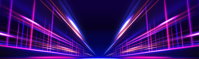 Fototapete - Image of speed motion on the road with blue and purple neon glow colors. Abstract background showcasing high-speed light in a futuristic technology concept. Perfect for panoramic light backgrounds.