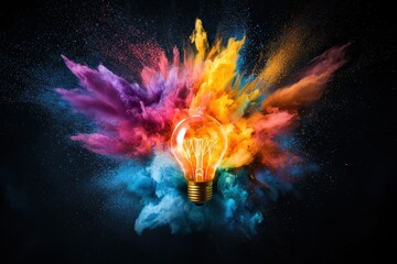 Aufkleber - Light bulb exploding with colorful powder on black background