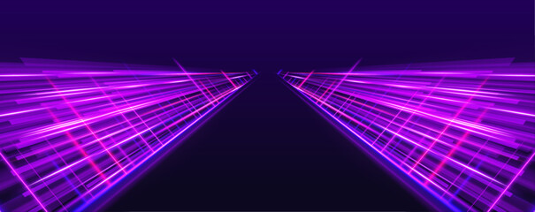 Poster - Panoramic high-speed technology concept with abstract light trails and glowing neon colors in blue, yellow, and orange, representing the rapid motion and energy in a futuristic environment.	