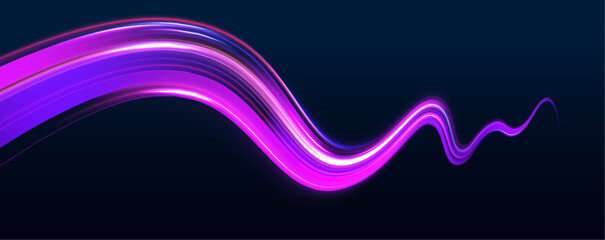 Poster - Long exposure, light painting photography. Vibrant streaks of neon blue and pink color against a black background. Vector dark blue abstract background with ultraviolet neon glow, blurry light lines.