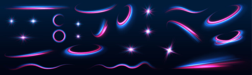 Leinwandbilder - Set of bright yellow light effects: stars, sun, flash, scroll lines for Christmas holidays. Lines in the shape of a comet against a dark background. Abstract vector fire circles, sparkling swirls.