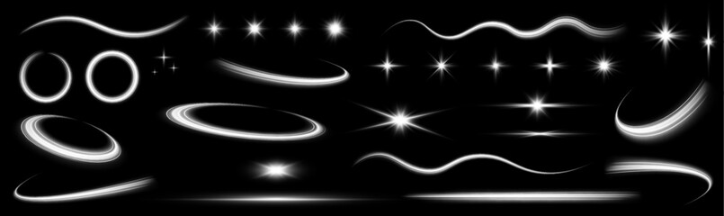 Poster - 	
Collection of highlights, stars and rays of light with luminous swirling and spiraling particles on a transparent background. Imitation of cold air outlet from air conditioner.	