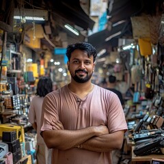 Canvas Print - The Indian owner of the digital device shop is standing in one of those shops, smiling, and digital devices are seen placed behind him.