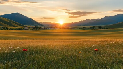 Poster - An early morning village, the sun slowly rises from behind the eastern mountains, the golden morning light fills the earth, and the air is filled with the fragrance of grass and wild flowers.