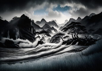 Poster - Dramatic mountain scenery with dark trees and rushing water under stormy clouds, hinting at a tranquil yet powerful nature scene.