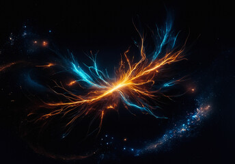 Bright streaks of blue and orange energy burst from a central point against a dark background, resembling cosmic lightning or abstract energy flow.