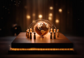 Leinwandbilder - A wooden globe is encircled by small wooden figures atop a platform, bathed in a warm, focused light against a dark, blurred backdrop. Represents global unity.
