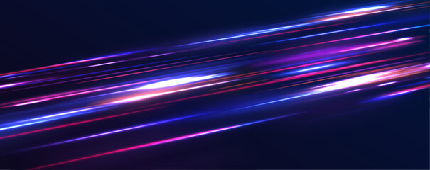 Poster - A colorful motion background of city light trails. The effect of speed on a blue background. lines of light, speed and movement. Particle motion effect vector Red blue special effect.