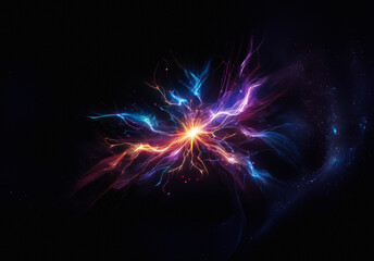 Fototapete - Abstract explosion of vibrant colors on a black backdrop. Light bursts outward in hues of blue, purple, orange, and yellow, creating a dynamic effect.