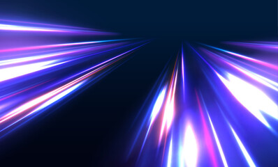Leinwandbilder - Abstract neon light rays background. A colorful motion background of city light trails. Purple glowing wave swirl, impulse cable lines. Long time exposure.	