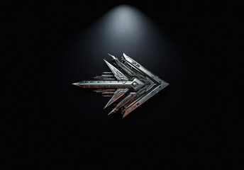 Aufkleber - A metallic, stylized arrow points right against a stark black backdrop. A spotlight above highlights the arrow's sharp angles and futuristic design, creating a dramatic, industrial feel.