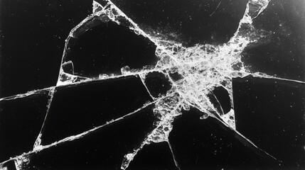 Broken glass surface isolated on black background.