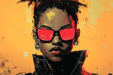 Aufkleber - Portrait of a futuristic woman wearing red sunglasses against an orange background, embodying urban style and confidence