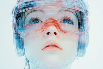 Poster - Virtual reality goggles enhance immersive experience of a female user in a futuristic environment