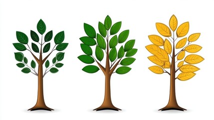Poster - Illustration of three trees showcasing the seasonal transition from spring to autumn. The trees have simple, pixelated leaves in shades of green and