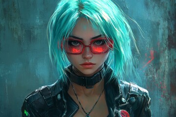 Poster - Futuristic woman with turquoise hair and red glasses showcasing a cyberpunk aesthetic against a textured background