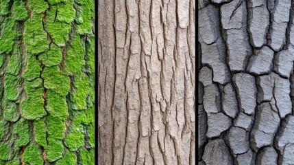 Poster - Close up shot of three tree bark textures vibrant green moss, light brown vertical bark, and dark gray cracked bark.  High detail and natural