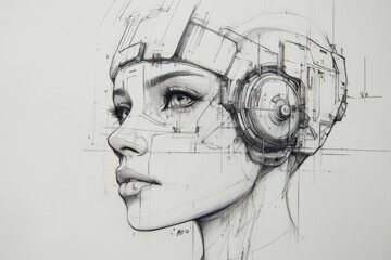 Fototapete - Futuristic woman with a cybernetic headpiece, showcasing advanced technology and artistic design