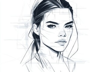 Aufkleber - Young woman depicted in a stylized sketch with geometric lines and a modern aesthetic