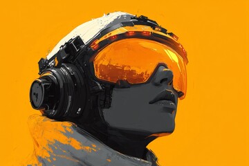 Aufkleber - Futuristic helmeted figure with orange goggles against a vibrant yellow background showcasing modern art style