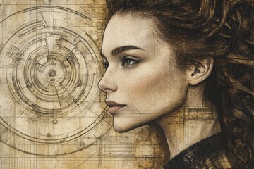 Aufkleber - Woman with detailed line art background illustrating a blend of nature and technology in a creative portrait