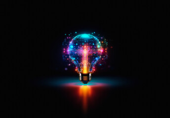 Poster - A vibrant lightbulb emits a radiant glow, surrounded by colorful particles against a stark black backdrop, symbolizing a brilliant idea and innovation.