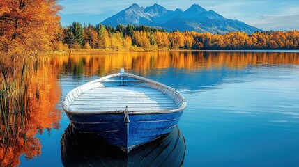 Poster - A beautiful landscape with trees and mountains in the background, a blue boat on calm water, the reflection of autumn colors.