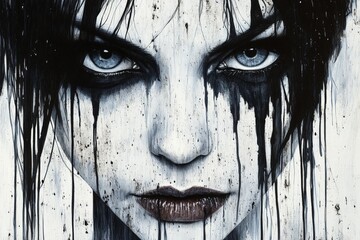 Aufkleber - Haunting portrait of a woman with dramatic black and white makeup, emphasizing intense expression and artistic style