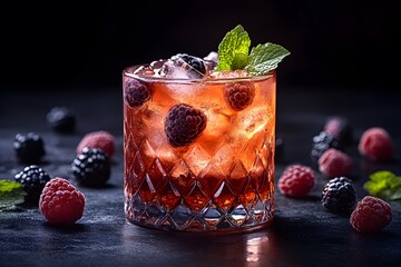 Wall Mural - Refreshing Berry Cocktail with Mint Garnish in Crystal Glass for Elegant Dining and Summer Events