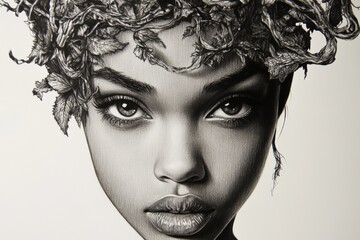 Poster - Artistic portrait of a woman with foliage entwined in hair showcasing nature's beauty and intricate details