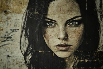 Aufkleber - Stunning mural art of a woman with expressive eyes on an old wooden wall in an urban setting