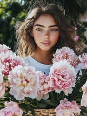 Wall Mural - A beautiful tanned brunette in a white T-shirt with freckles rides a bike. There is a basket with pink peonies in front. Beautiful pink peonies and green Vines grow all around.